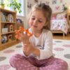 Bandă din silicon pentru degete, portocalie, fetiță așezată pe covor în camera ei, cu banda pe degetele ambelor mâini.